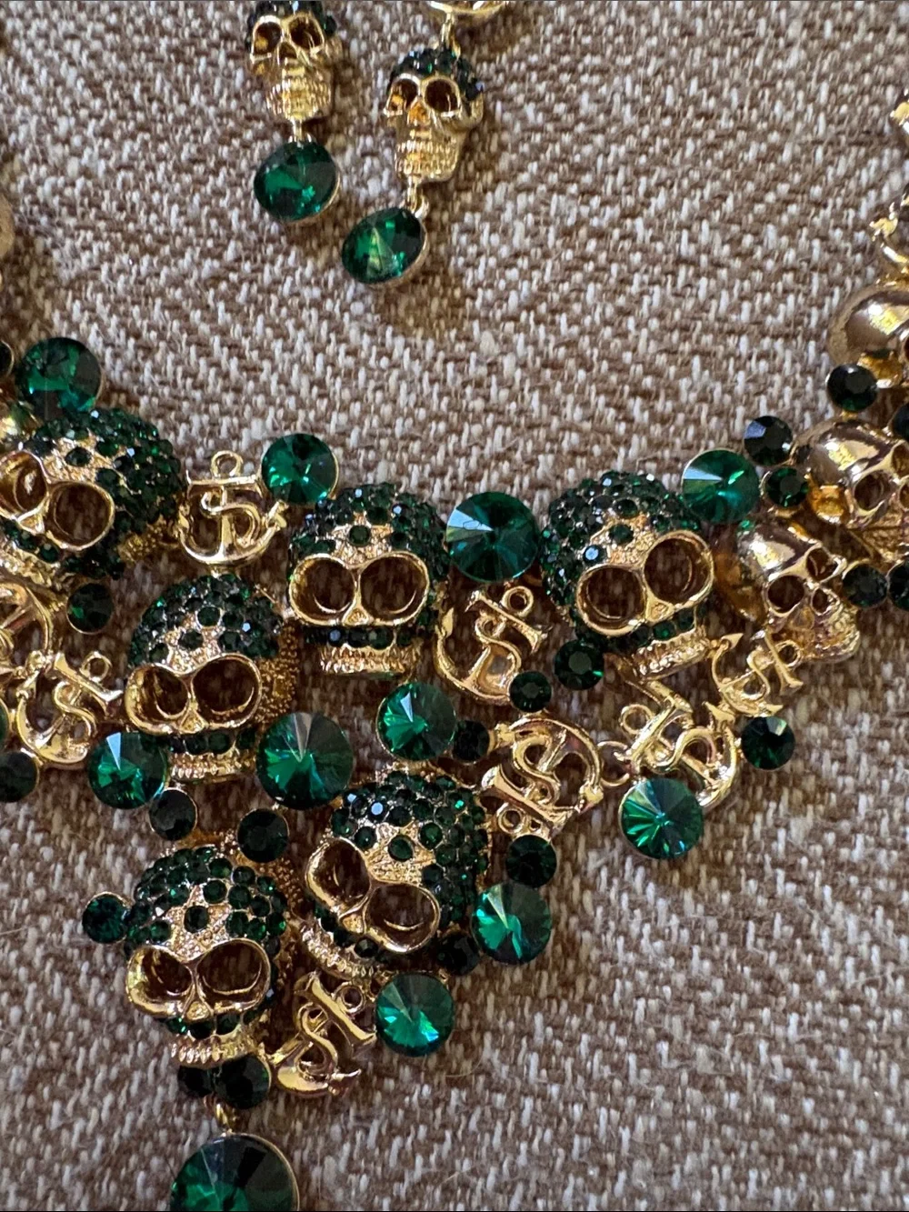 Gold-Tone Skull Necklace & Earring Set with Emerald Green Crystals